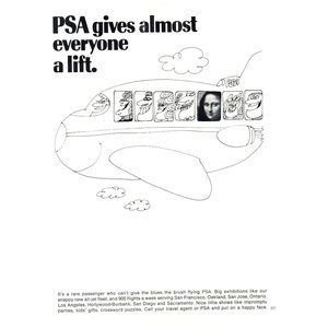 1969 PSA Airlines Mona Lisa Vintage Print Ad Cartoon Style Gives Everyone a Lift